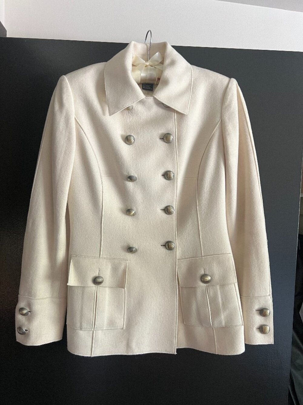 Cream Wool Pea Coat with Metal Buttons